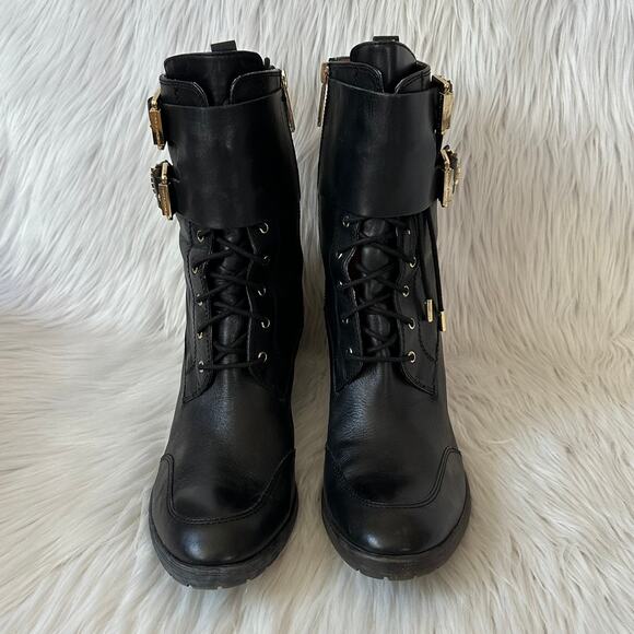 Donald Pliner Danti Combat Boots Leather Lace Up Buckle Zip Block Heeled, Black - Picture 3 of 11